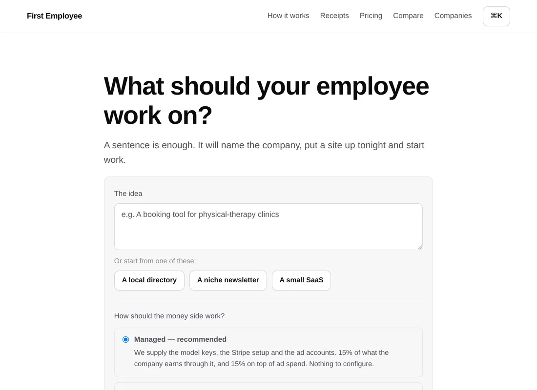 The start-a-company screen: one text field for the idea, three example briefs, and the managed-versus-own-keys choice.