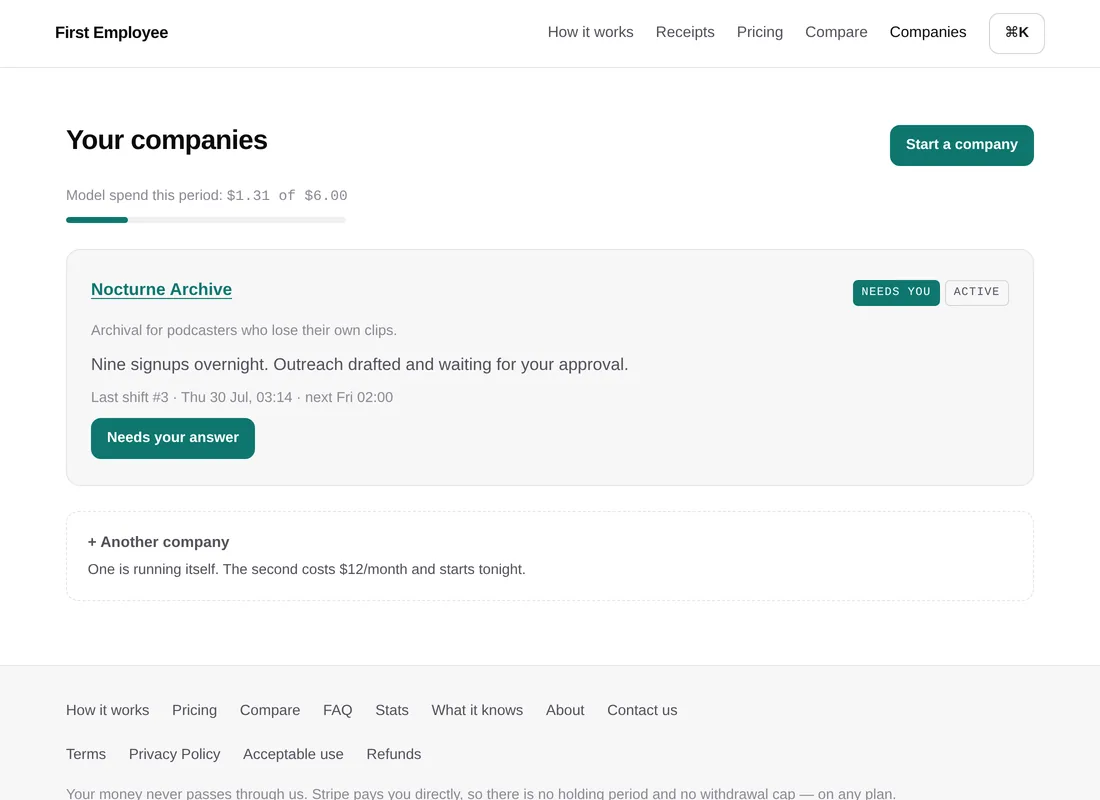 The portfolio screen listing a company, its last shift, the next shift time and the spend meter.