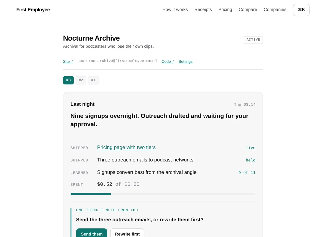 A shift report: nine signups overnight, a pricing page shipped, three outreach emails held, 52 cents spent, and one question with two answer buttons.